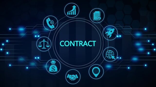 Digital contract signing animation with holographic and glowing network connections electronic signature