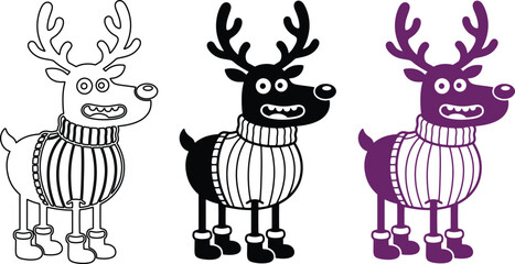 Cartoon reindeer vector set, three festive Christmas deer in cozy sweaters, playful holiday animal characters, black and white outline, solid black, and purple variations for seasonal designs. © Shanza