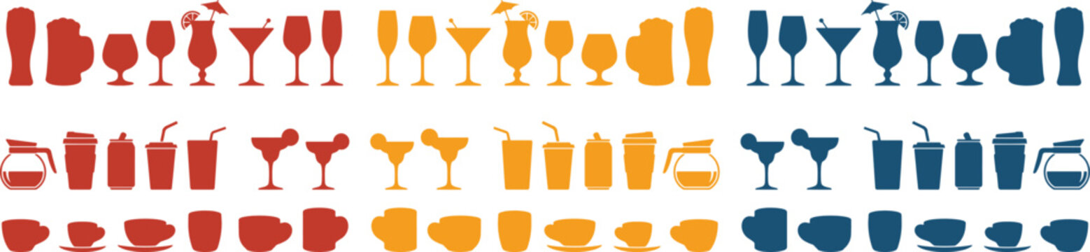 Beverage Glassware Icon Set, 45 Vector Drink Icons for Bars, Cafes, and Restaurants. Modern Flat Design Collection of Red, Orange, and Blue Glass Silhouettes for Menus and Web.
