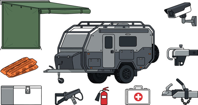 Off Road Camper Trailer Vector Set with Expedition Caravan Car Awning Recovery Tracks Security Camera Trailer Hitch Coupler Tool and First Aid Kit Icons