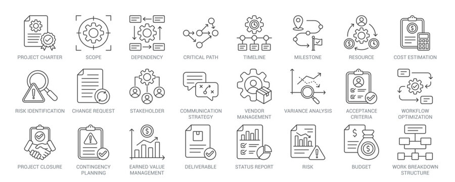 Project Execution Plan outline vector icon set featuring project charter, scope, critical path, timeline, risk identification, earned value management, work breakdown structure concepts.