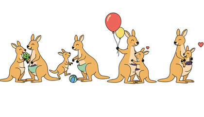 Naklejka premium Set of cute cartoon kangaroo families playing with balloons, eating leaves, and holding adorable baby joeys in their pouches.