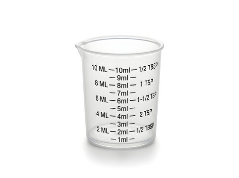 Measurement cup showing milliliters and teaspoon conversions isolated on white background