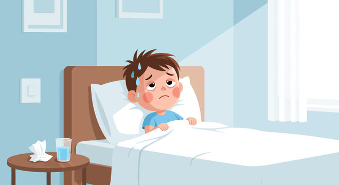 Illustration Of A Sick Child In Bed Recovering With A Glass Of Water And Tissues