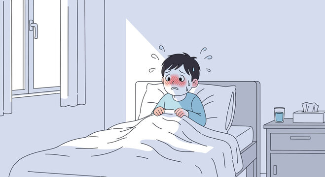 Illustration Of A Sick Child In Bed, Feeling Miserable And Unwell With Symptoms Present