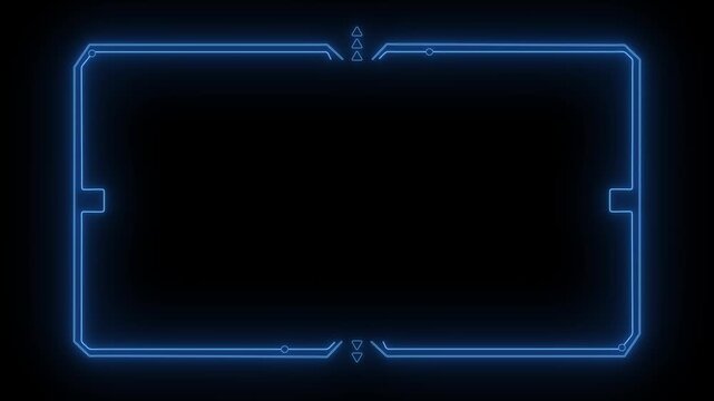 Futuristic digital interface frame with glowing blue neon lines on a black background featuring small blue dots and triangular pointers on the and bottom edges creating a vibrant technological HUD