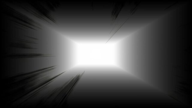 Abstract tunnel perspective with bright white light at the end and dark motion blur streaks on the sides creating a sense of speed and depth into the unknown future or a portal to another dimension