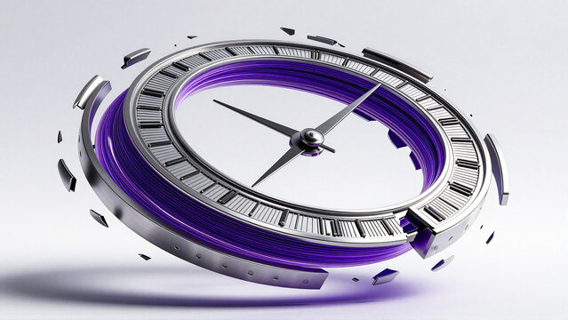 Abstract 3D Rendered Exploding Silver and Purple Timepiece