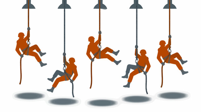Flat Graphic Style Vector Illustration of Five Soldier Silhouettes Rappelling Down Ropes, Military Training Exercise Concept, White Background