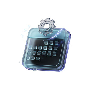 3D AI automation calendar icon with glossy glass texture and floating gear for digital business scheduling tasks with transparent background