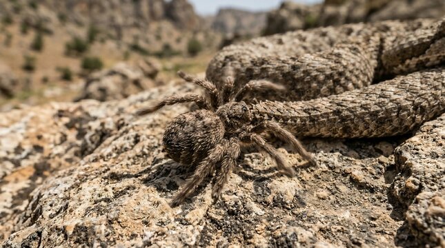 A Wolf Spider Camouflaged on a Rocky Desert Terrain.