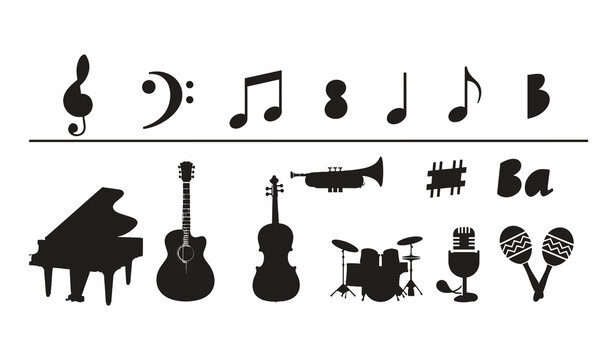 Set of musical instruments and music notes icons