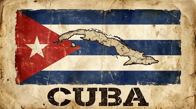Distressed vintage flag of cuba with map silhouette and text label