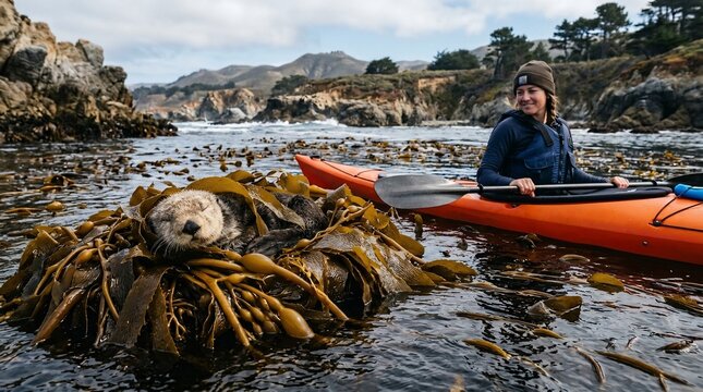 A woman kayaking near a sea otter resting in kelp at Point Lobos.