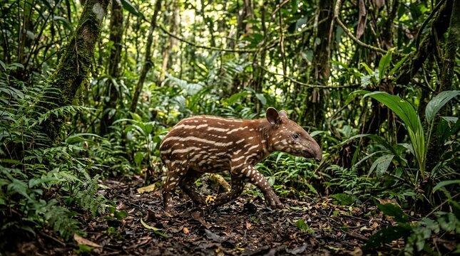 A young Bairds tapir walking through the lush rainforest of Costa Rica.