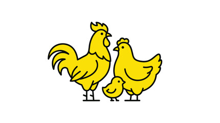 Yellow Chicken Family: Rooster, Hen, Chick - Simple Line Art Icon © Varel