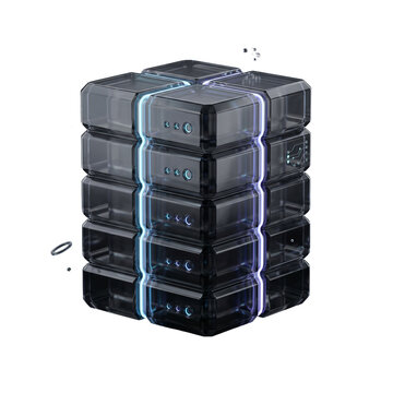 3D ai automation server cube with glowing blue light lines and translucent glass structure isolated transparent background png