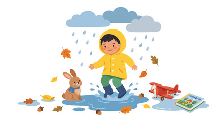 Naklejka premium A happy young boy in a yellow raincoat jumps joyfully into a rain puddle, accompanied by a cute rabbit, scattered autumn leaves, and toys.