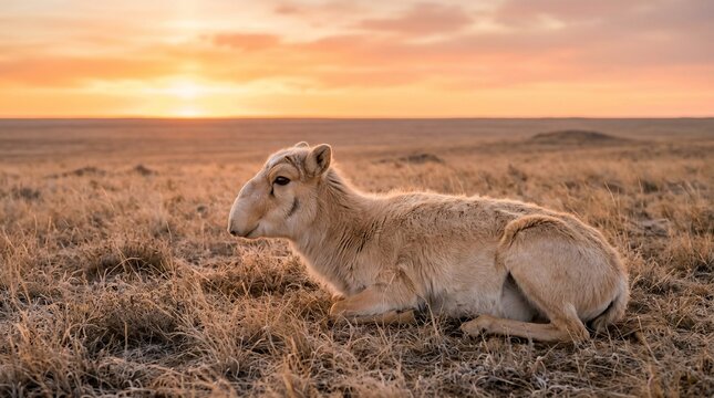 A young saiga antelope resting in the golden sunset of the steppe.