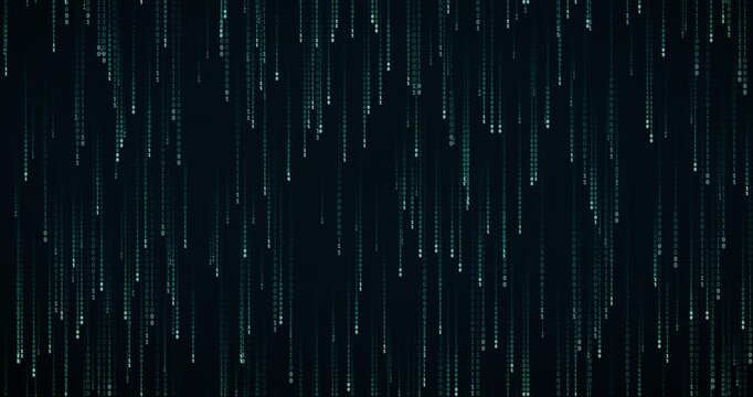 Binary code rain animation with teal circuit palette and layered parallax effect, creating a deep mainframe atmosphere.