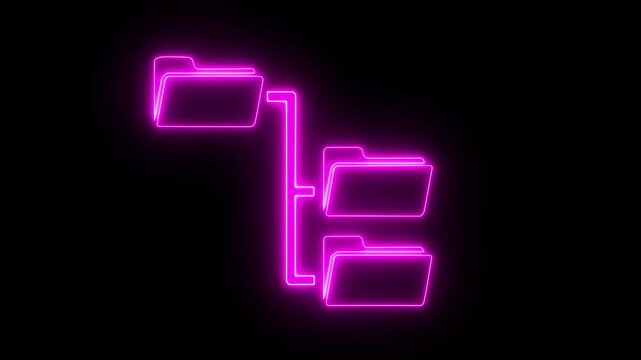 Neon pink folder hierarchy on black background layout. Information technology folder hierarchy icon for file archive map. Animated folder icon loop.