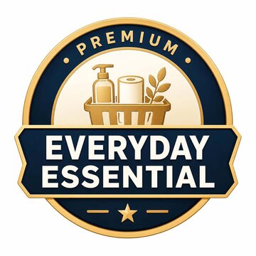 Golden emblem showcasing superior quality household essentials, symbolizing daily convenience and personal care routine for well-being