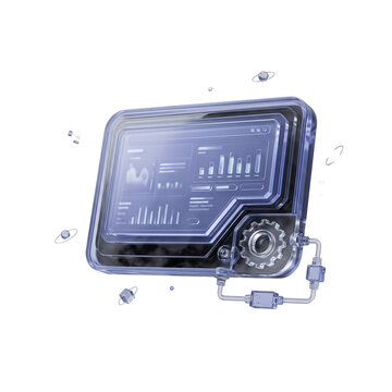 3D AI automation concept featuring glowing holographic data dashboard with mechanical gears and connectivity nodes isolated transparent background
