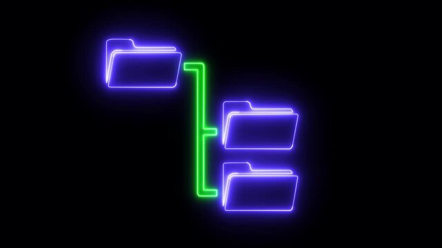 Neon folders connected in hierarchical system directory. Information technology folder hierarchy icon for cloud data storage. Animated folder icon.