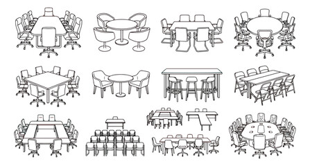 Obraz premium Conference room furniture line icons set, office meeting table and chairs vector collection, workspace interior layout design elements
