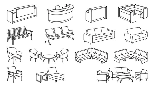 Minimalist office furniture line art icons, reception desk and waiting area seating set, modern lobby sofa and armchair vector illustrations