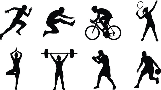 Set of Sport and Fitness Activity Silhouettes Featuring Various Athletic Disciplines for Healthy Lifestyle Branding