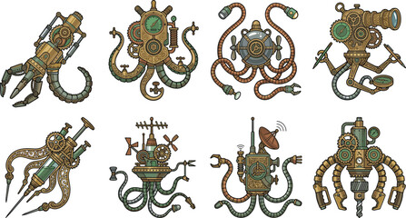 Set of steampunk mechanical octopus robots featuring brass gears and metal tentacles on black background © Mdjoshel 