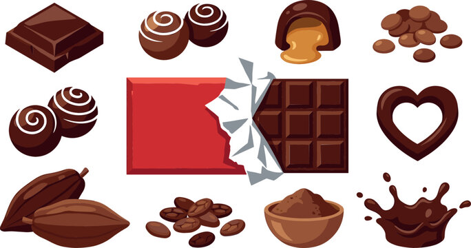 Chocolate Confectionery Vector Element Set with Candy Bars, Pralines, Caramel Truffles, Cocoa Beans, Powder, Drops, Liquid Splashes, and Heart Shapes for Packaging Design