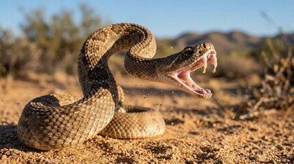 Naklejka premium Aggressive Western Diamondback Rattlesnake with Mouth Open.