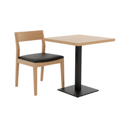 Fototapeta premium a hyperdetailed minimalist wooden dining chair with a matte black leather cushion and matching square table, isolated on a transparent background. High-end commercial visualization