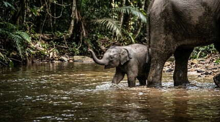 Fototapeta premium Baby elephant walking with mother through shallow river in lush tropical rainforest.