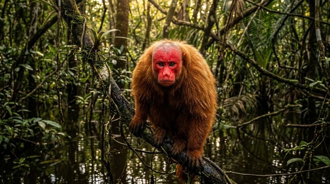 Bald Uakari monkey perched on a branch in the Amazon rainforest.