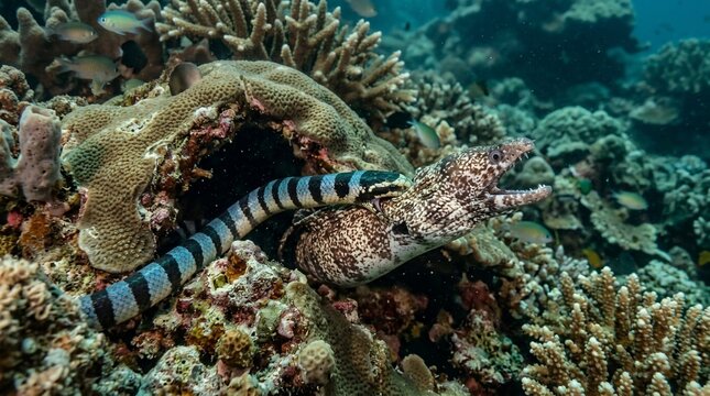 Banded Sea Krait and Moray Eel Sharing a Coral Reef Den.