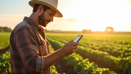 Fototapeta premium Farmer Using Smartphone in Agricultural Field at Sunset