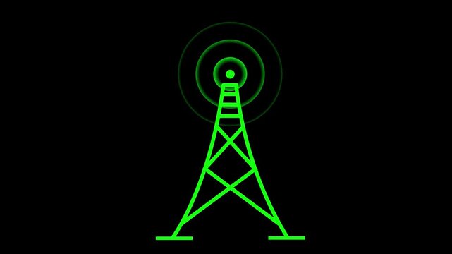 Green communication tower with wireless signal waves graphic. Telecommunication tower symbol for digital network data broadcast. Animated tower loop.