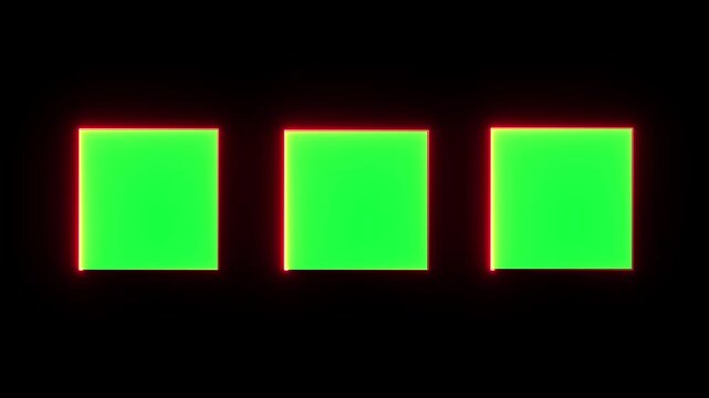 Three green squares inside red neon outline frame. Modern geometric layout banner template for digital marketing video. Animated neon frame loop.