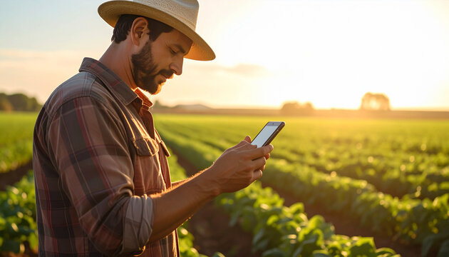 Farmer Using Smartphone in Agricultural Field at Sunset