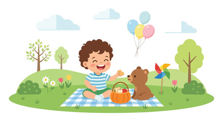 Fototapeta premium A joyful young boy with curly hair enjoys a sunny picnic in the park with his teddy bear, sitting on a checkered blanket with a basket of food.