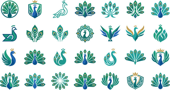 Elegant luxury peacock logo icon vector set and minimal corporate business emblem badge template with abstract bird feather crown shield design