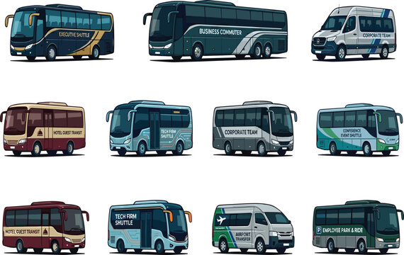 Vector set of corporate shuttle buses, luxury coaches, and commercial passenger transit vans on white background