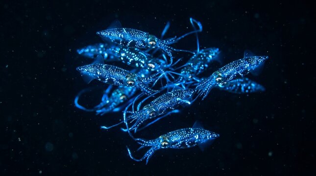Bioluminescent squids swimming in deep dark ocean waters.