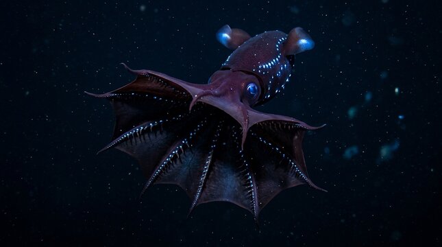 Bioluminescent Vampire Squid Swimming in Deep Dark Ocean Waters.