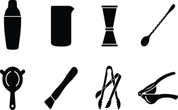 Vector silhouette set of bartending equipment and cocktail making tools isolated on white background