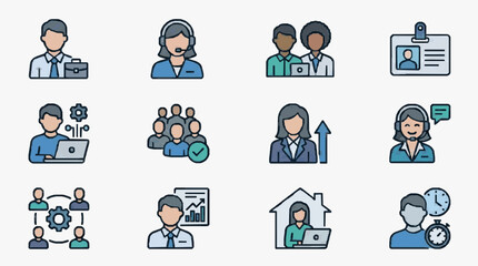 Fototapeta premium Sleek Flat Icons Set Showcasing Professional Business Roles and Services with Minimalist Design in Blue Gray and Green