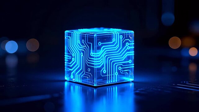 Blue glowing circuit cube